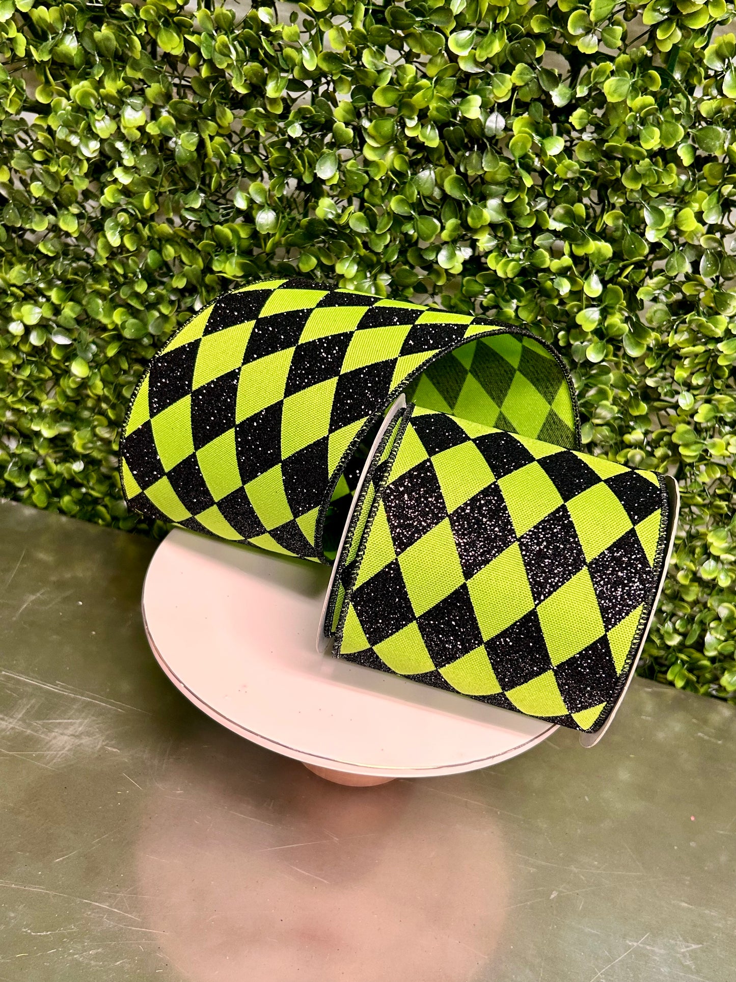 4 Inch By 10 Yard Lime Green And Black Harlequin Check Ribbon
