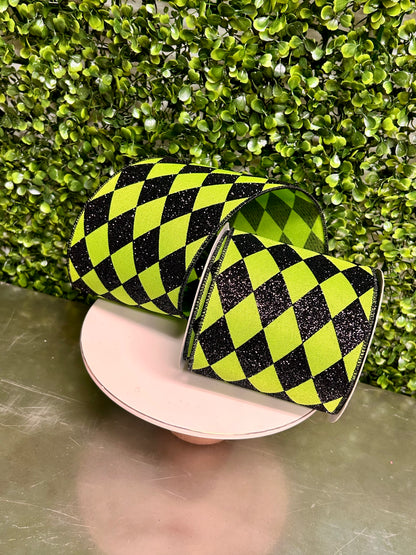 4 Inch By 10 Yard Lime Green And Black Harlequin Check Ribbon