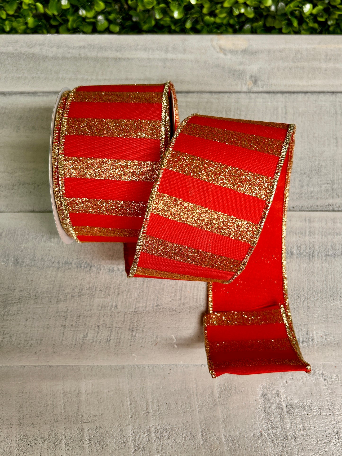 2.5 Inch By 10 Yard Red And Gold Horizontal Glitter Stripes Ribbon