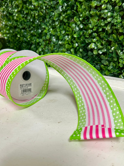 2.5 Inch By 10 Yard White Hot Pink And Lime Vertical Stripe And Polka Dot Edge Ribbon