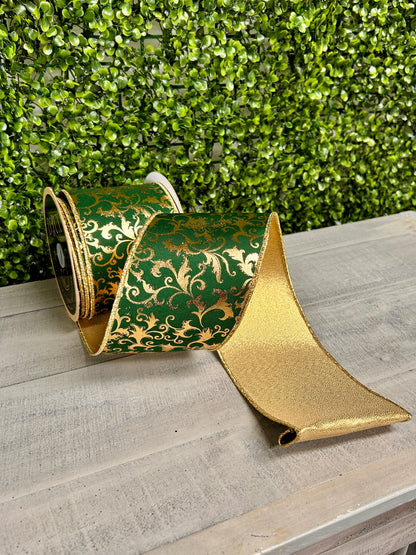 4 Inch By 10 Yard Hunter Green And Gold Metallic Foil Swirl Leaf Fused Ribbon