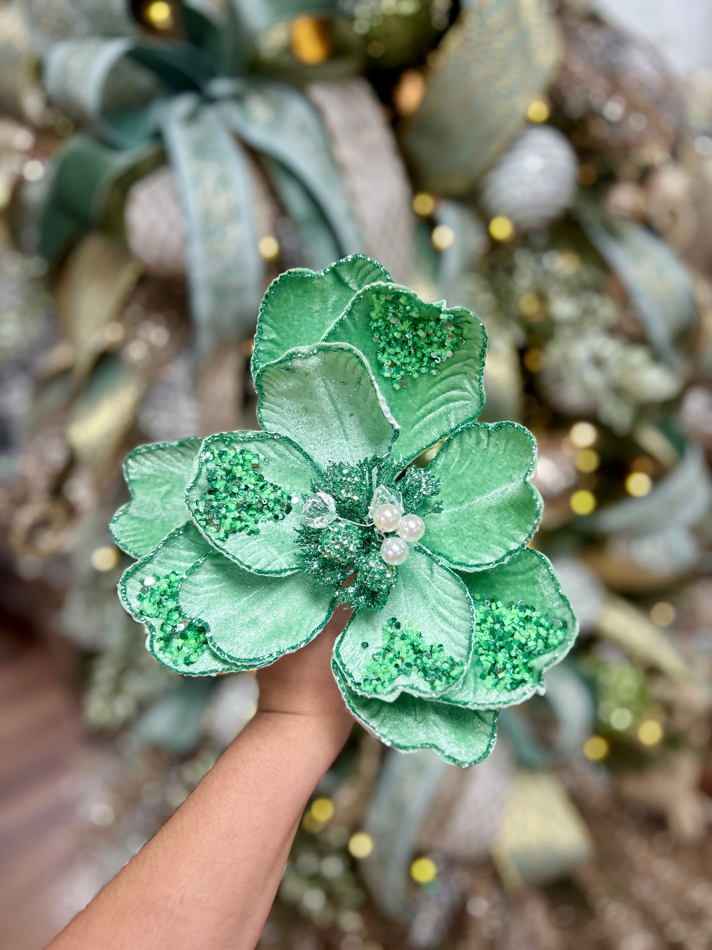 22 Inch Sage Green Glitter Sequin And Bead Magnolia Spray