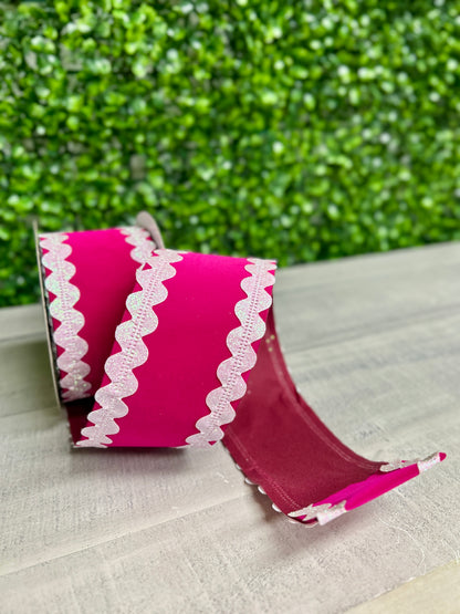 2.5 Inch By 10 Yard Fuchsia Velvet With White Iridescent Ric Rac Edge Ribbon
