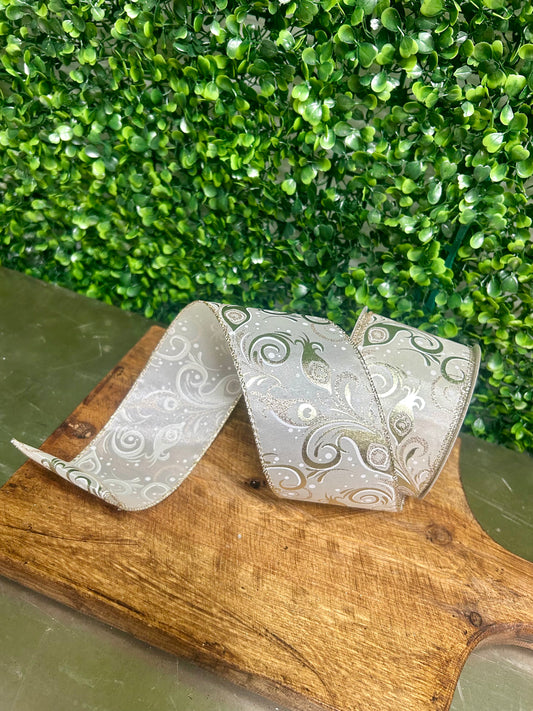 2.5 Inch By 10 Yard Champagne Peacock Swirls Ribbon