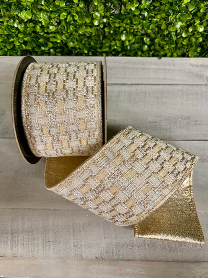 4 Inch By 5 Yard Champagne And Gold Metallic Backing Tweed Ribbon