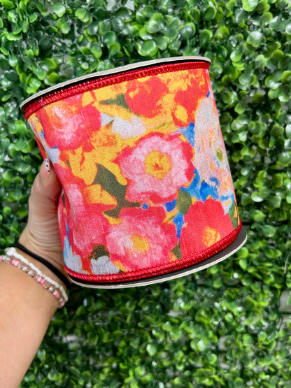4 Inch By 10 Yard Fuchsia Flowers Colors Deluxe Dupioni Backed Wired Edge Ribbon