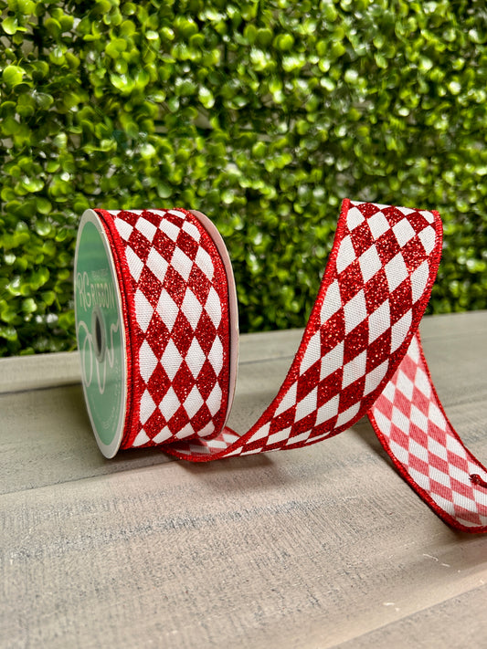 1.5 Inch By 10 Yard Red And White Glitter Harlequin Ribbon