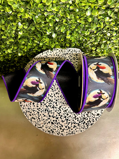 2.5 Inch By 10 Yard Black And Orange Witches Flying By Moon Fused Ribbon