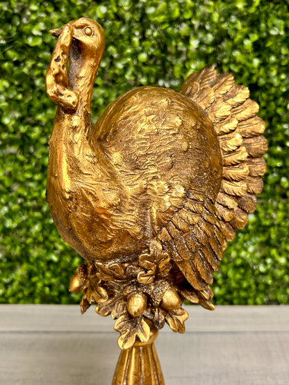 13.25 Inch Gold Resin Turkey On Pedestal