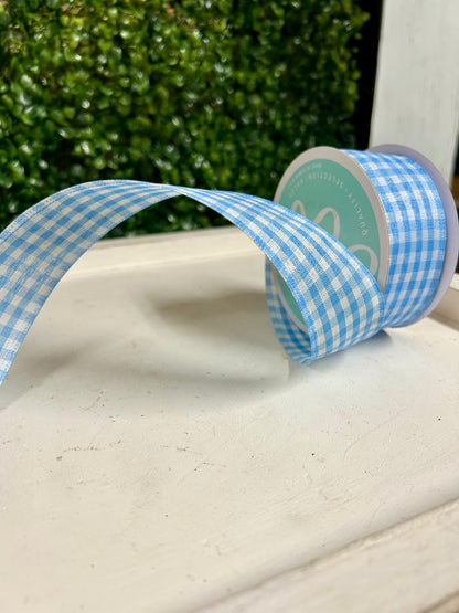 1.5 Inch By 10 Yard Light Blue And White Gingham Check Ribbon