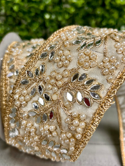 John Mark Enterprises 2.5 Inch By 5 Yard Gold And Platinum Jeweled Pearl Mirror Ribbon