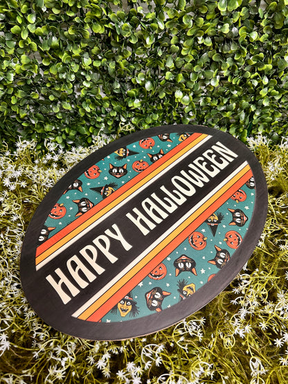 13 Inch By 9 Inch Teal Yellow And Orange Happy Halloween Oval Wood Sign