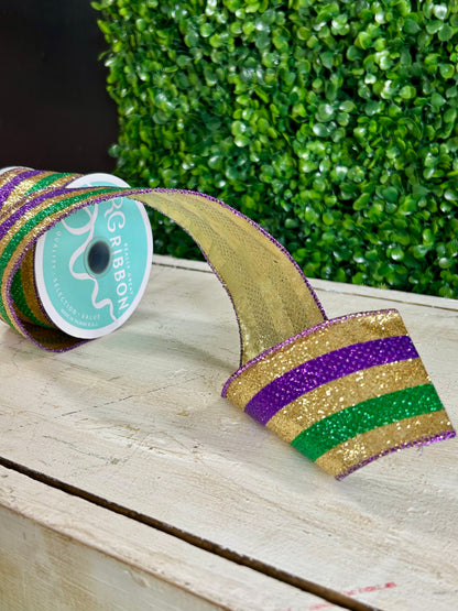 2.5 Inch By 10 Yard Mardi Gras Full Glitter Stripe Ribbon