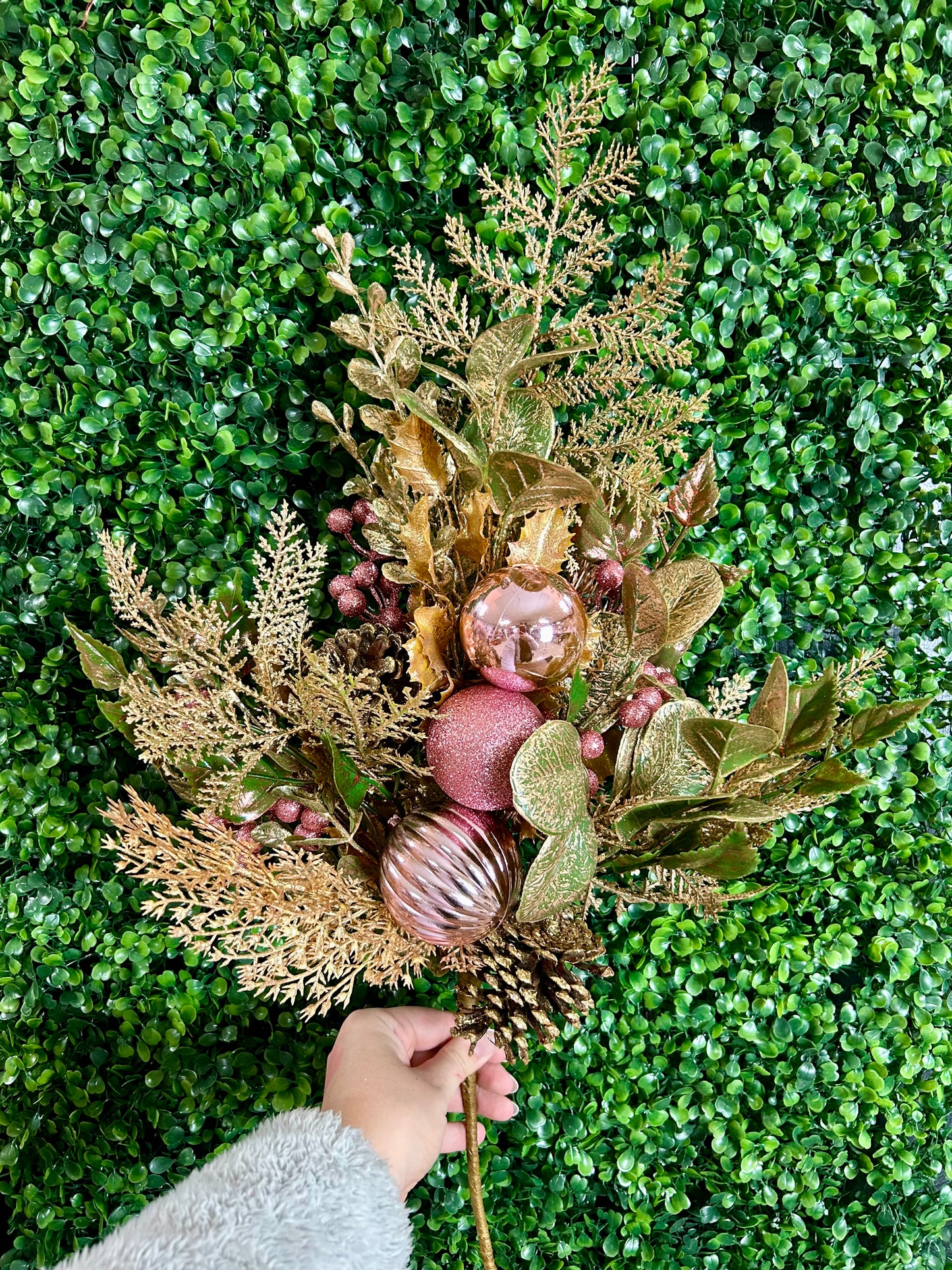 32 Inch Champagne And Pink Glitter Leaf Berry And Cone Spray