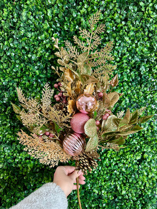 32 Inch Champagne And Pink Glitter Leaf Berry And Cone Spray