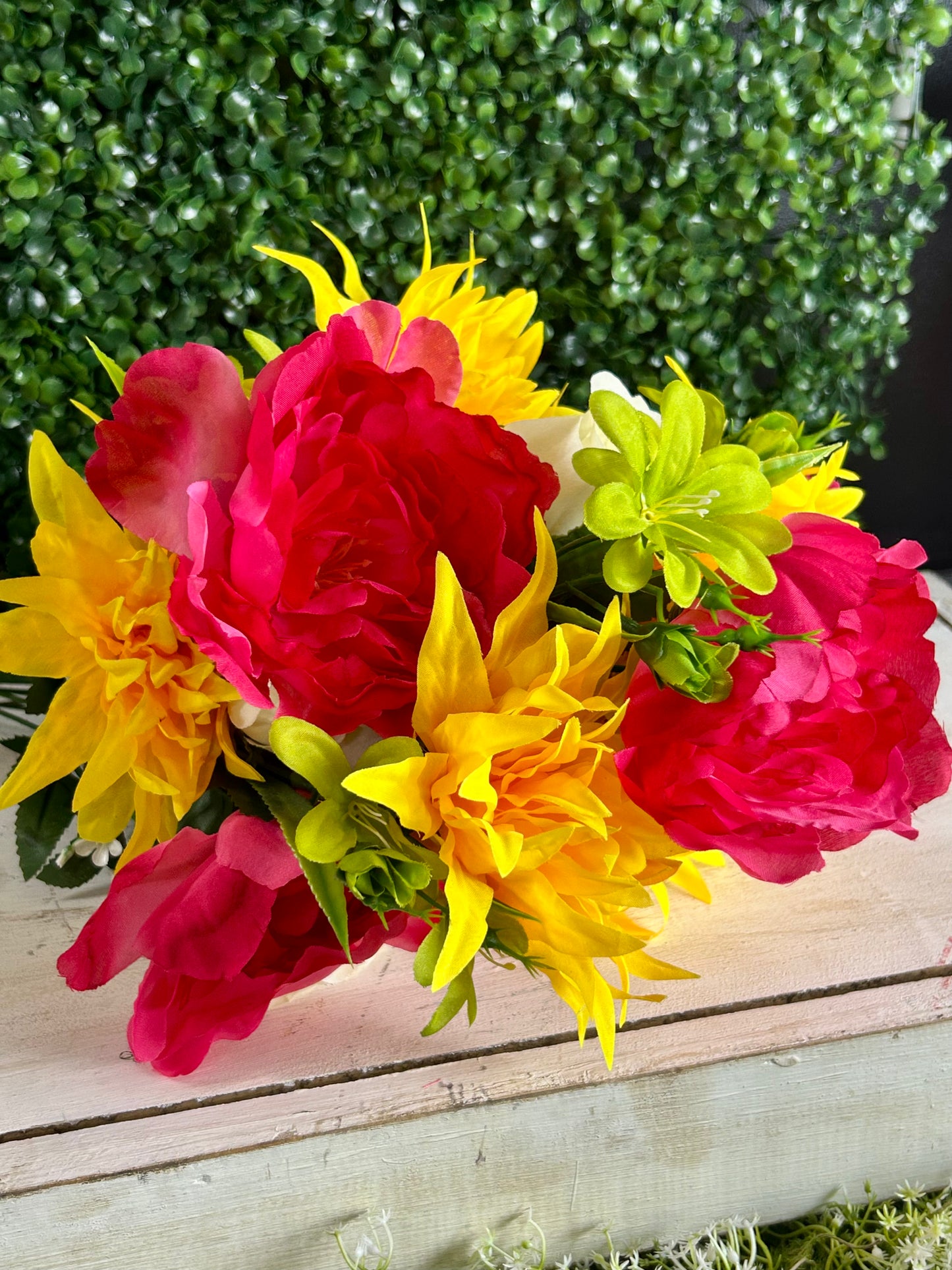 24 Inch Fushia And Yellow Peony Rose And Mum Bush