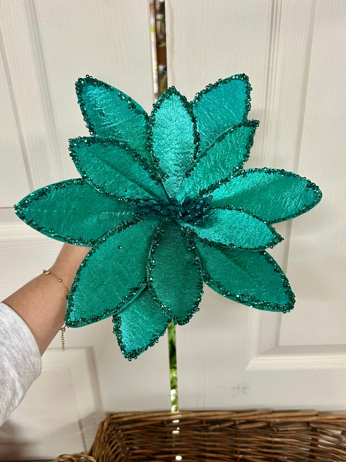 20 Inch Jade Green Satin And Glitter Poinsettia