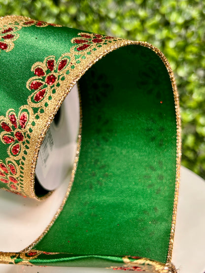 2.5 Inch By 10 Yard Red And Gold Scallop Trim On Emerald Ribbon