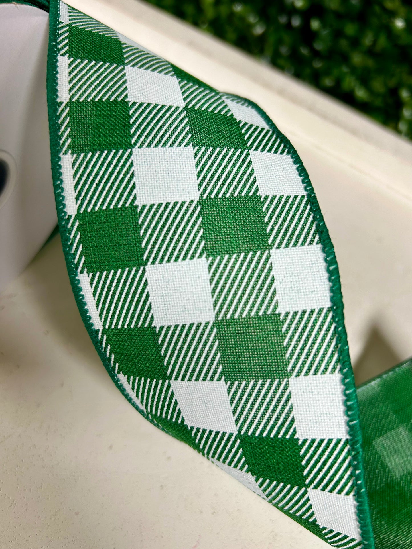 2.5 Inch By 10 Yard Emerald Green And White Check On Royal Ribbon