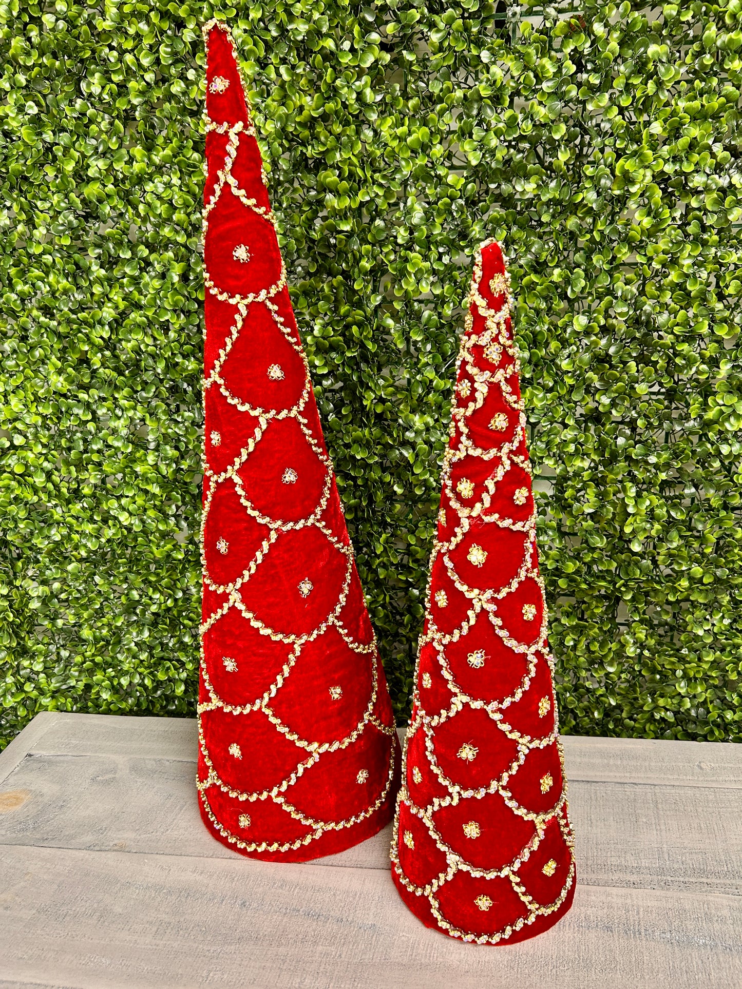 Set Of Two 18 And 24 Inch Red Jeweled Scalloped Velvet Cone Tree