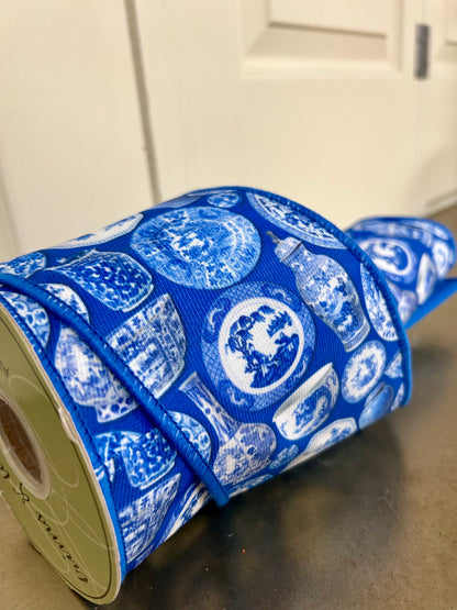 4 Inch By 10 Yard Chinoiserie Print Canvas And Dupioni Ribbon