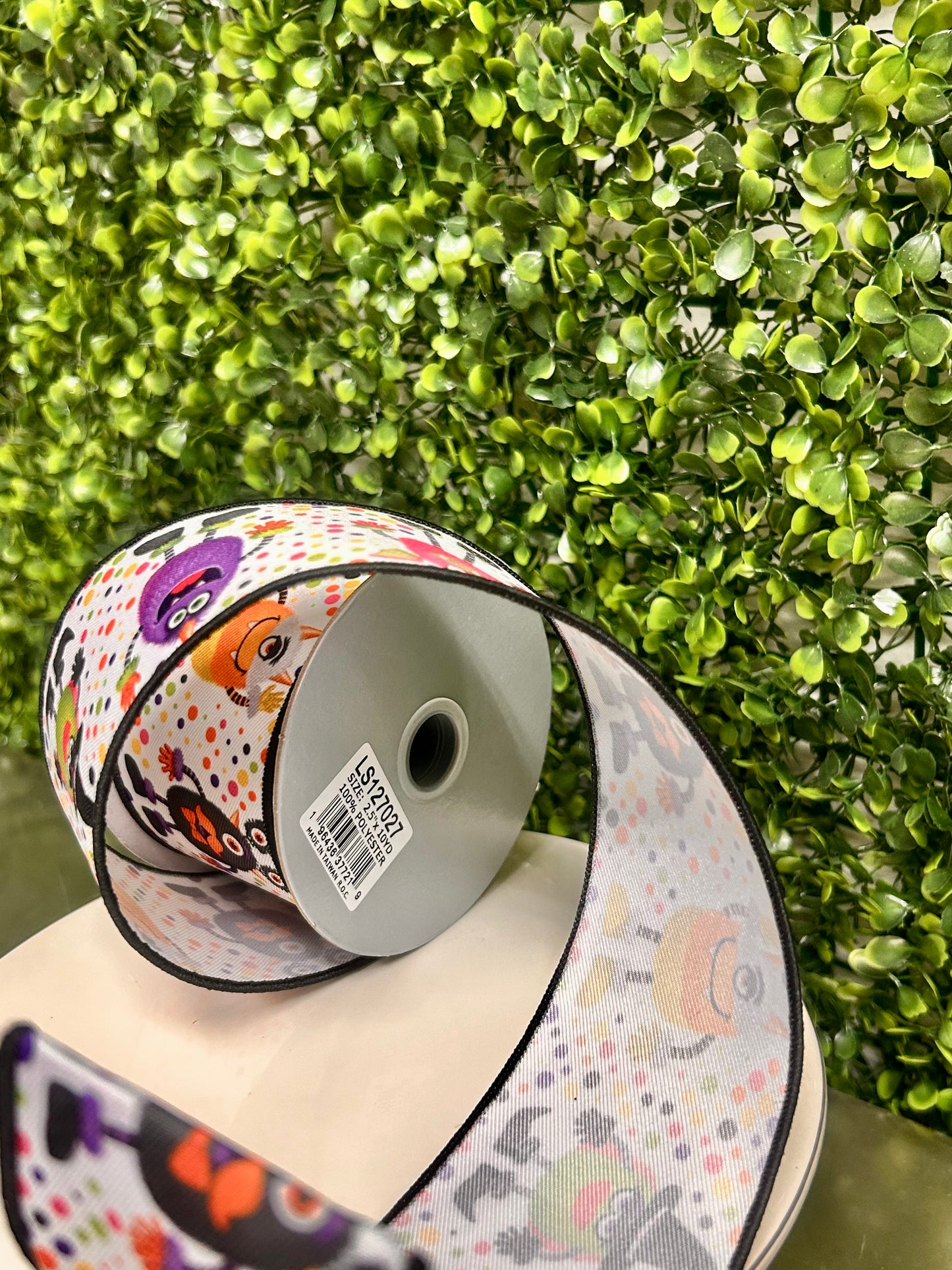 2.5 Inch By 10 Yard Multicolor Halloween Monsters On White Background Ribbon
