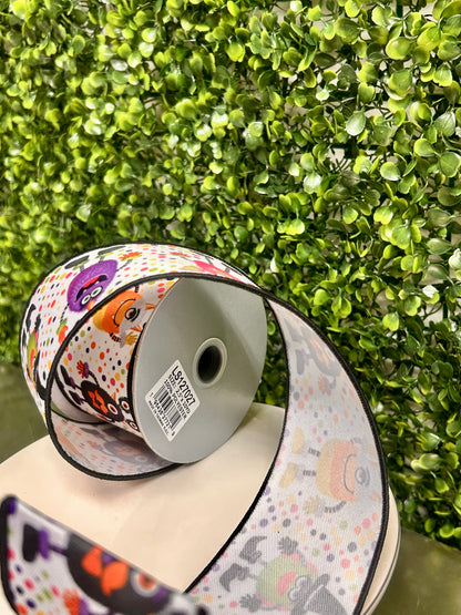 2.5 Inch By 10 Yard Multicolor Halloween Monsters On White Background Ribbon