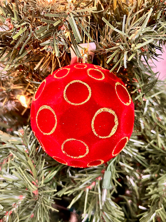 4 Inch Burgundy And Gold Flocked Glitter Concave Ball Ornament
