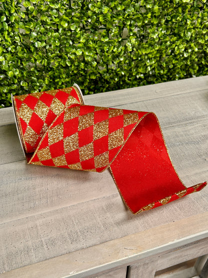 4 Inch By 10 Yard Red And Gold Harlequin Check Ribbon
