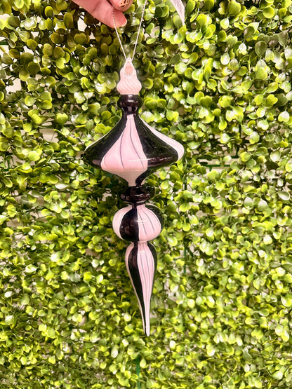 12 Inch Black And White Striped Glass Finial Ornament