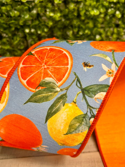 4 Inch By 10 Yard Blue Orange And Yellow Watercolor Citrus And Blossoms Dupioni Ribbon