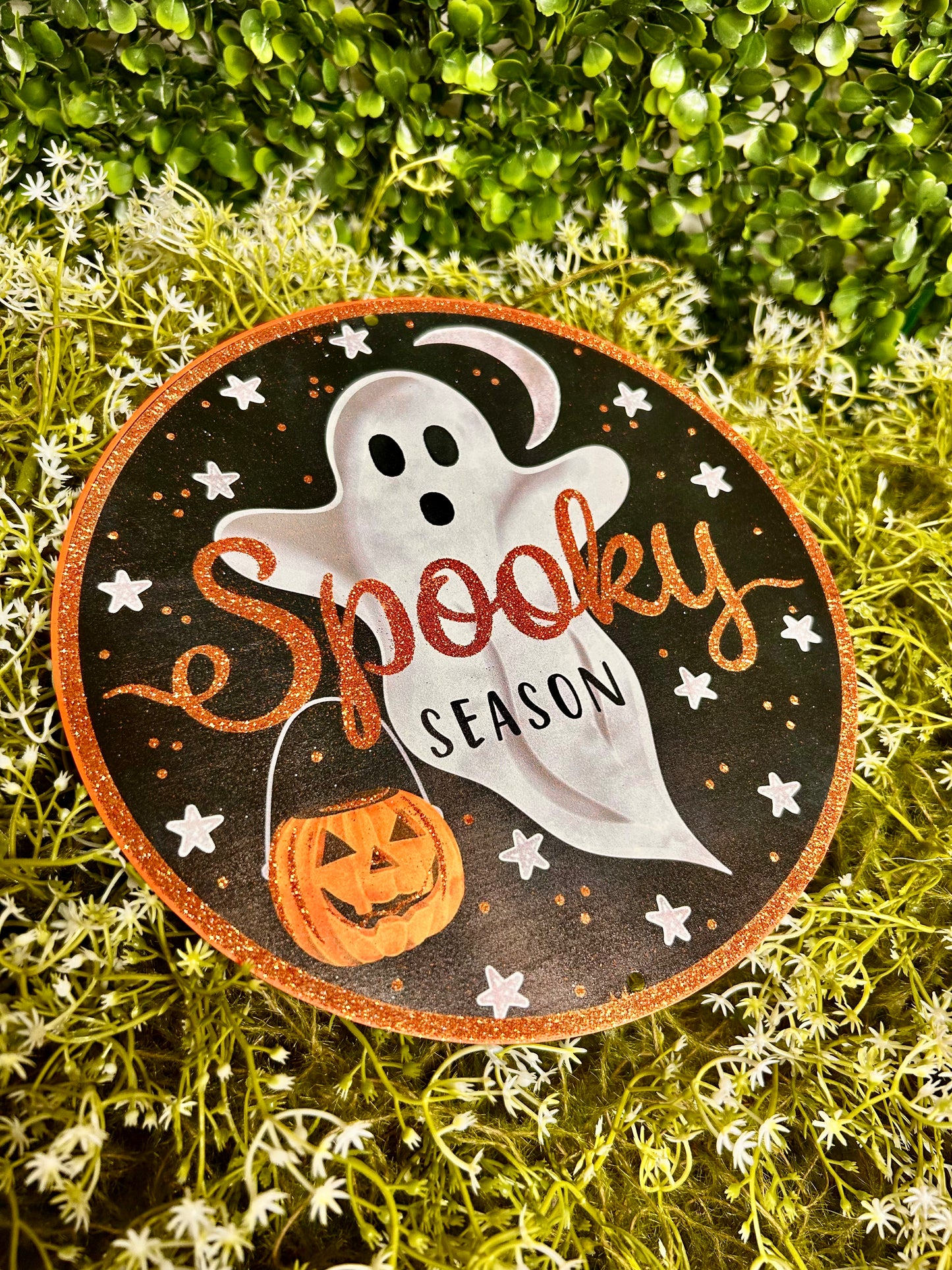 8 Inch Glitter Spooky Ghost Metal Sign
