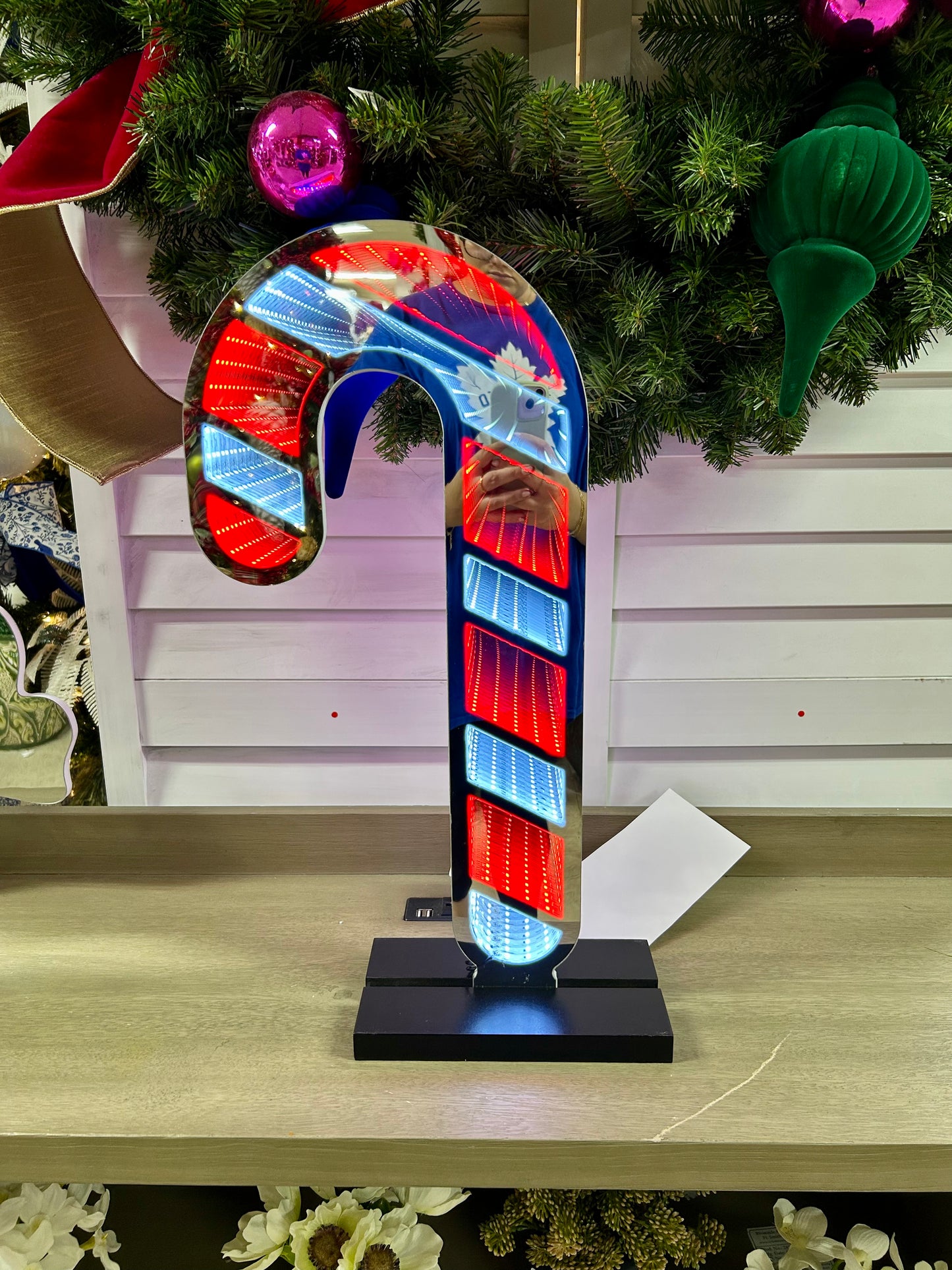 21.5 Inch Electric Infinity Lighted Candy And Candy Cane With Wood Base Two Styles