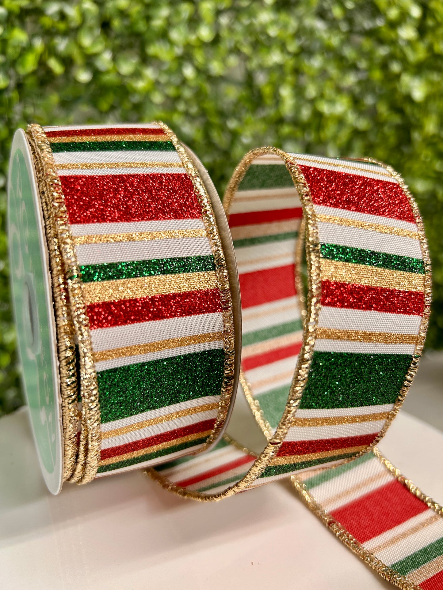 1.5 Inch By 10 Yard Hunter Green Gold And Maroon Horizontal Stripe Ribbon