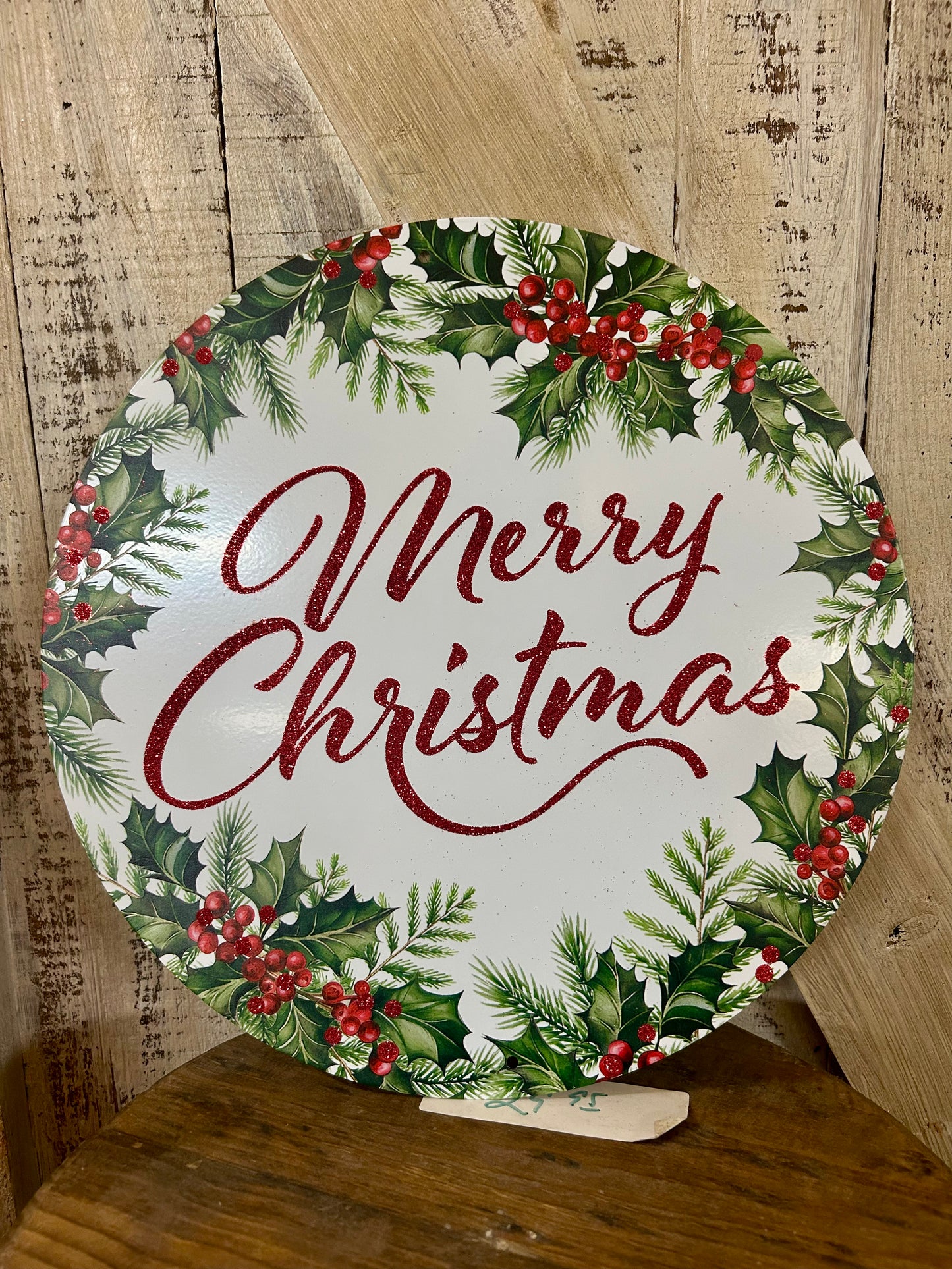 12 Inch Merry Christmas With Holly Metal Sign
