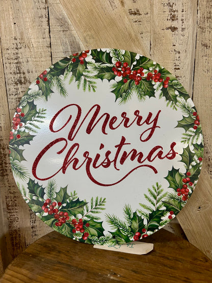 12 Inch Merry Christmas With Holly Metal Sign