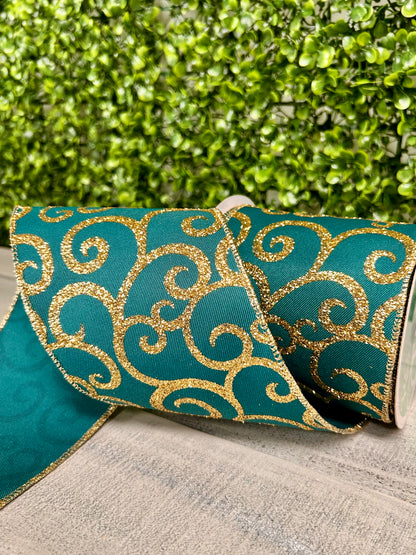 4 Inch By 10 Yard Dark Teal And Gold Glitter Swirl Ribbon