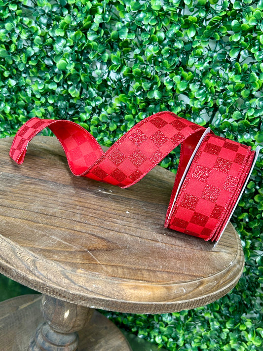1.5 Inch By 10 Yard Red Glitter Check Ribbon