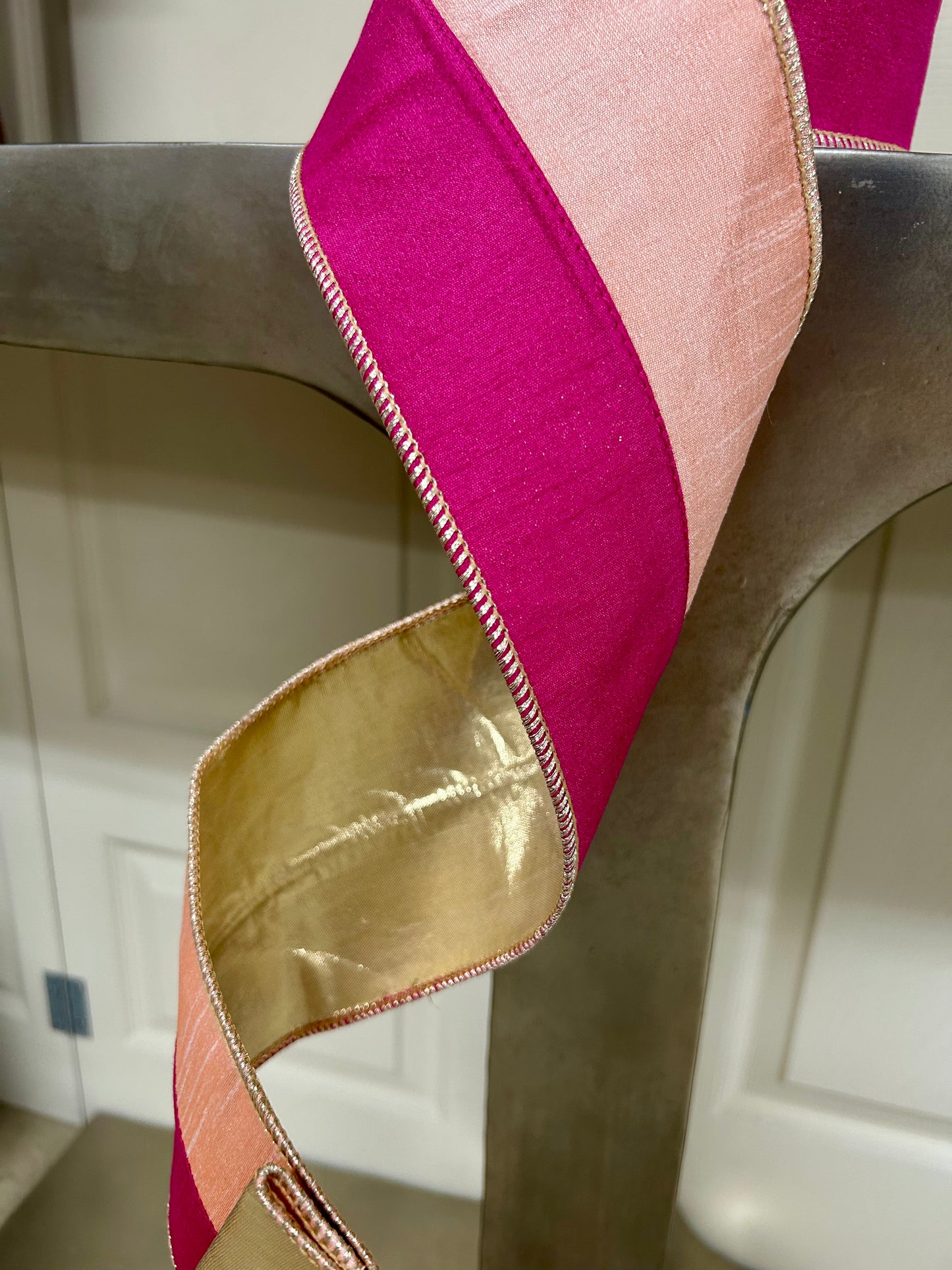 4 Inch By 10 Yard Pink And Light Pink With Gold Back Dupioni Ribbon