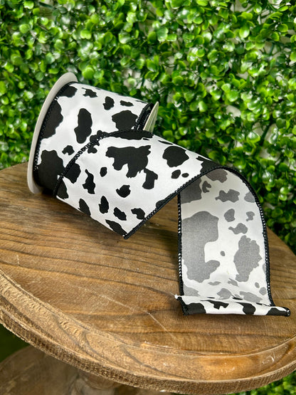 2.5 Inch By 10 Yard Black And White Cowhide Print Ribbon