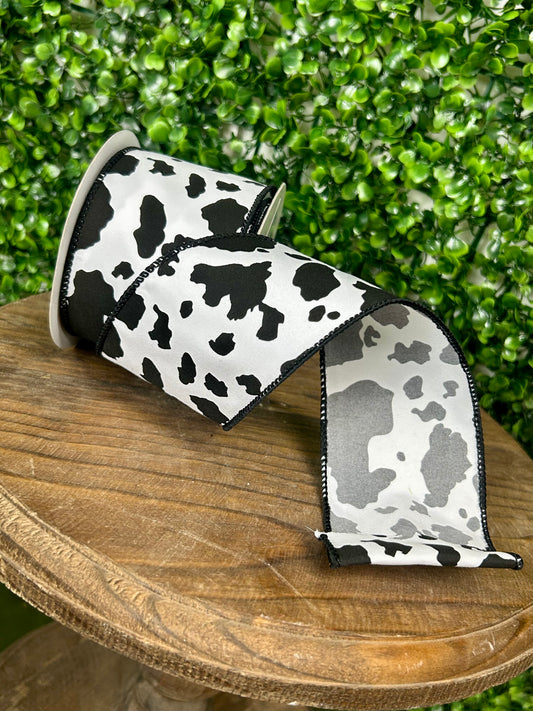 2.5 Inch By 10 Yard Black And White Cowhide Print Ribbon