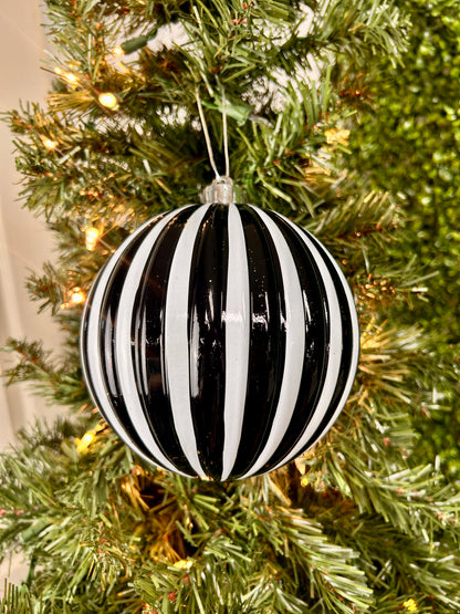 6 Inch Black And White Vertical Striped Ball Ornament