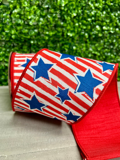 D.Stevens 4 Inch By 10 Yards Red White Blue Stripe With Stars Ribbon