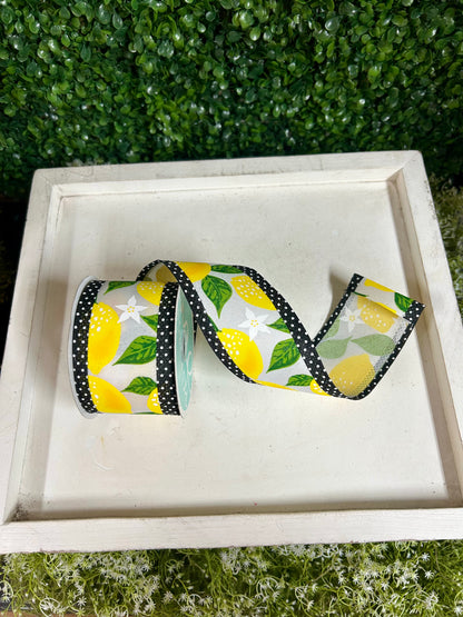 2.5 Inch By 10 Yard White Yellow And Black Lemons And Swiss Dots