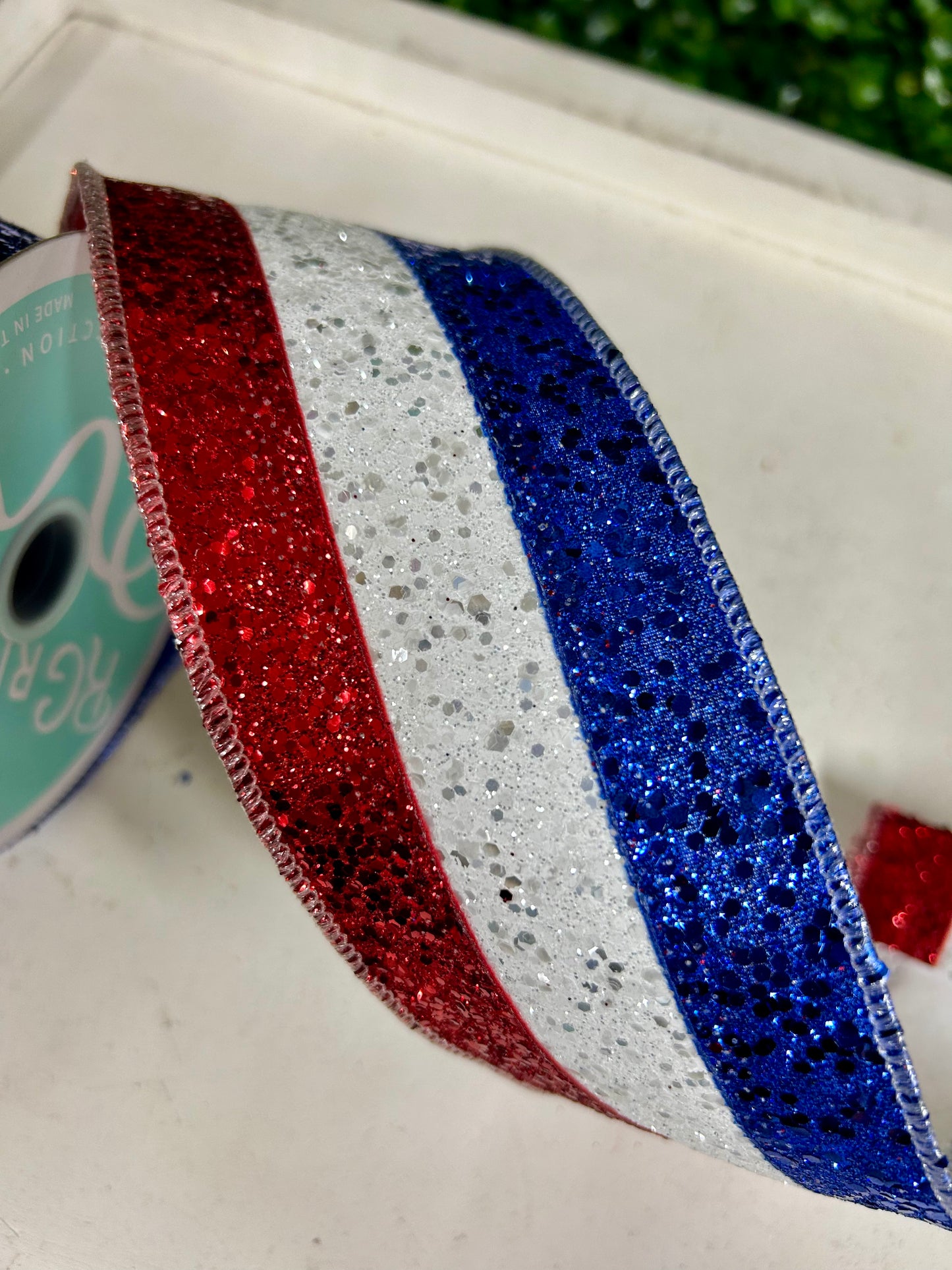 2.5 Inch By 10 Yard Red White And Royal Blue Large Glitter Ribbon