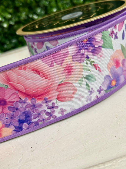 2.5 Inch By 10 Yard Watercolor Florals Ribbon