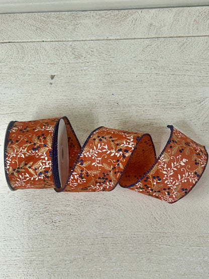 2.5 Inch By 10 Yard Rust Linen With Ivory And Gold Vines And Navy Glitter Berries And Navy Edging Ribbon