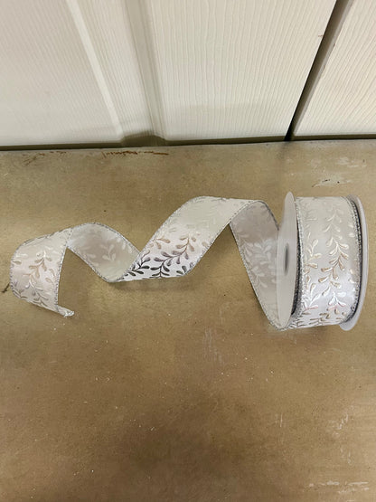 1.5 Inch By 10 Yard White And Silver Embossed Vines Ribbon