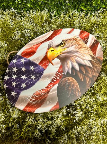 15 By 10.35 Inch Red White And Blue Eagle With Flag Oval Wood Sign
