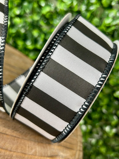 1.5 Inch By 10 Yard Black And White Medium Horizontal Stripe Ribbon